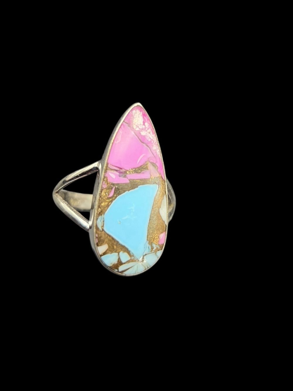 Sterling Silver 925 Pink Cotton Candy Turquoise Teardrop Ring Size 7 Boho